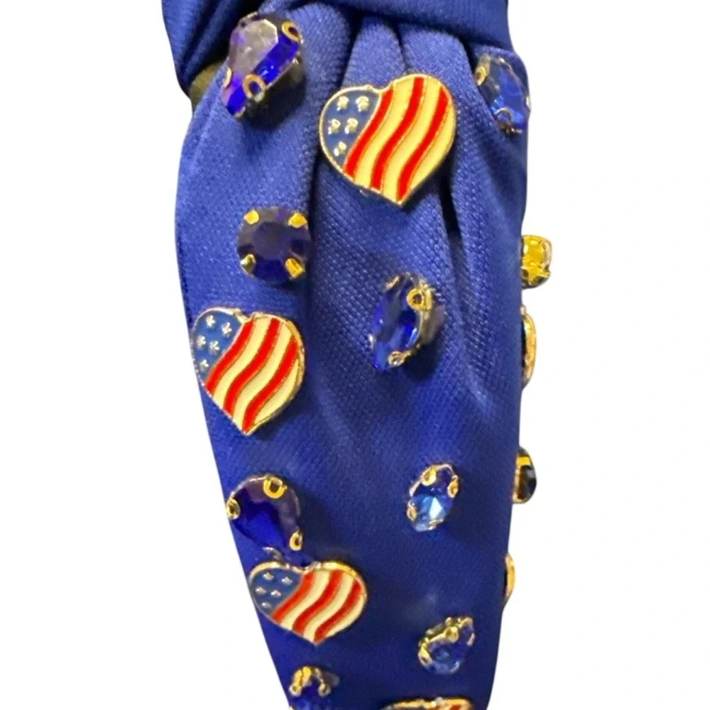 American‎ Flag Heart Knotted Headband Blue Rhinestone Patriotic USA July 4th